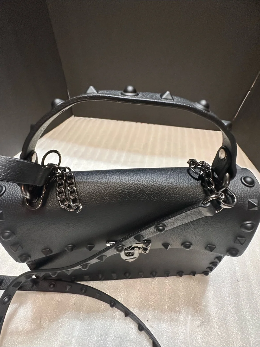 Black Studded Top-Handle Shoulder Bag - Elegant Everyday
